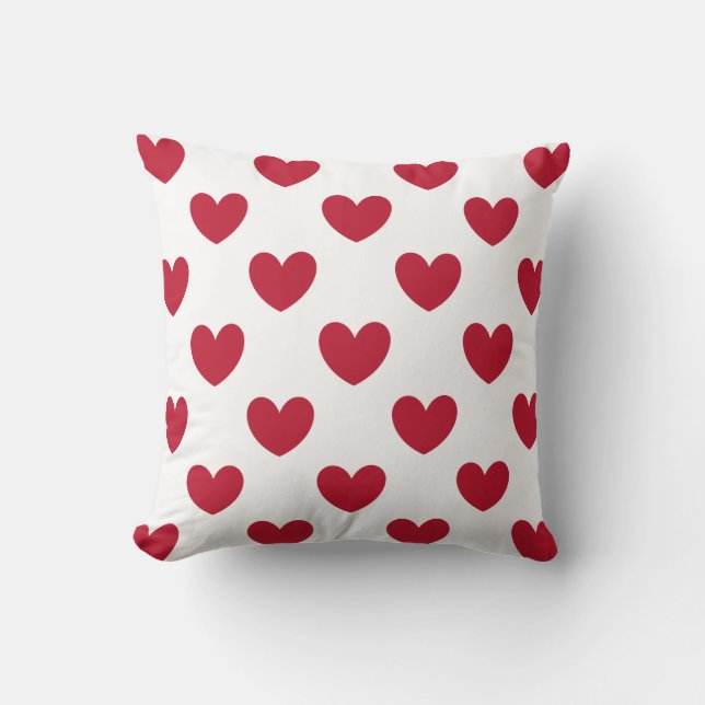 Red polka hearts on white throw pillow (Front)