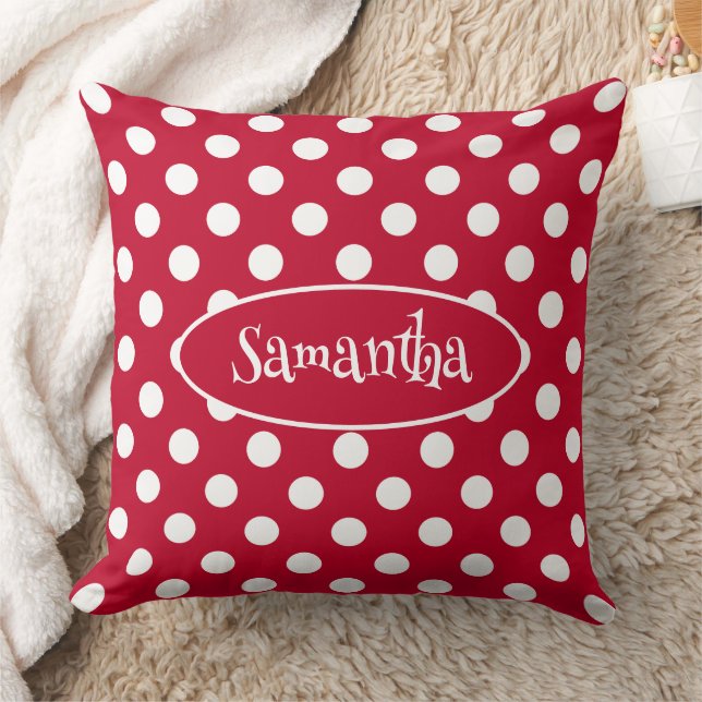 RED + Polka White Dots Throw Pillow (Blanket)
