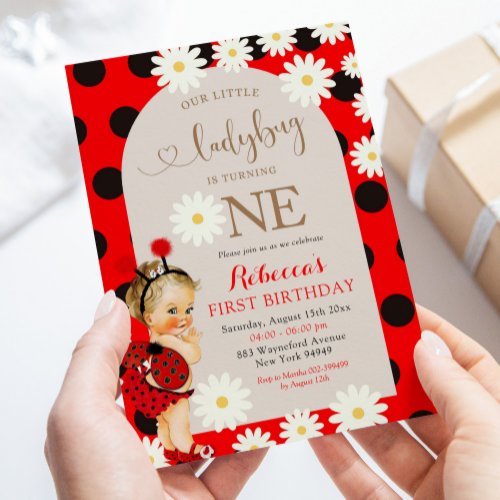 Red Polkadot Ladybug Daisy Blonde First Birthday Invitation