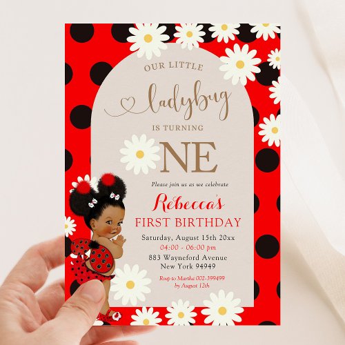 Red Polkadot Ladybug Daisy First Birthday Invitation