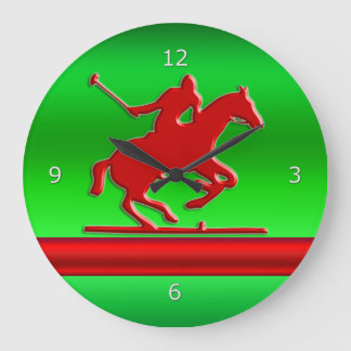 Red Polo Player on green metallic-effect field Large Clock