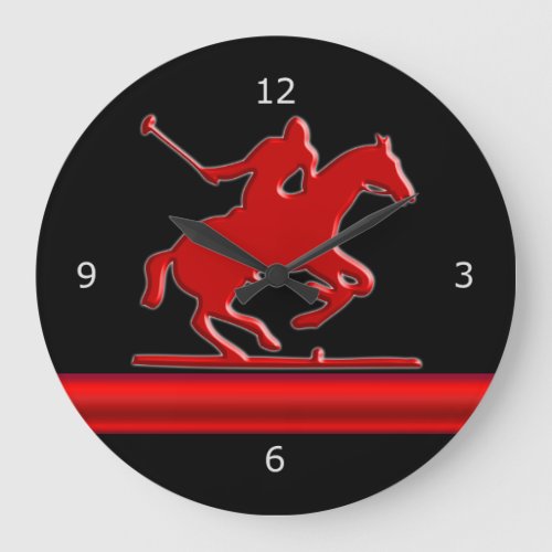 Red Polo Pony on black red metallic_look stripe Large Clock