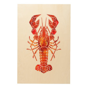 Red polygonal lobster wood wall art