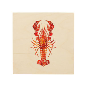 Red polygonal lobster wood wall art