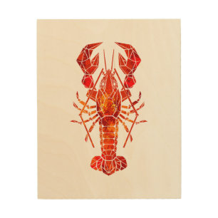 Red polygonal lobster wood wall art