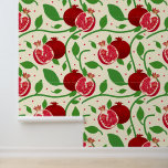 Red Pomegranate and Green Botanical on Cream Wallpaper<br><div class="desc">Bright Red Pomegranate Harvest fruit,  hand drawn,  with green leaves,  swirly botanicals,  and red pomegranate seeds. Cream Background. Christmas,  Hanukkah,  Fruit,  Food,  Fabric,  Home Decor,  Interior Design. Perfect for Kitchens,  Holidays,  More!</div>