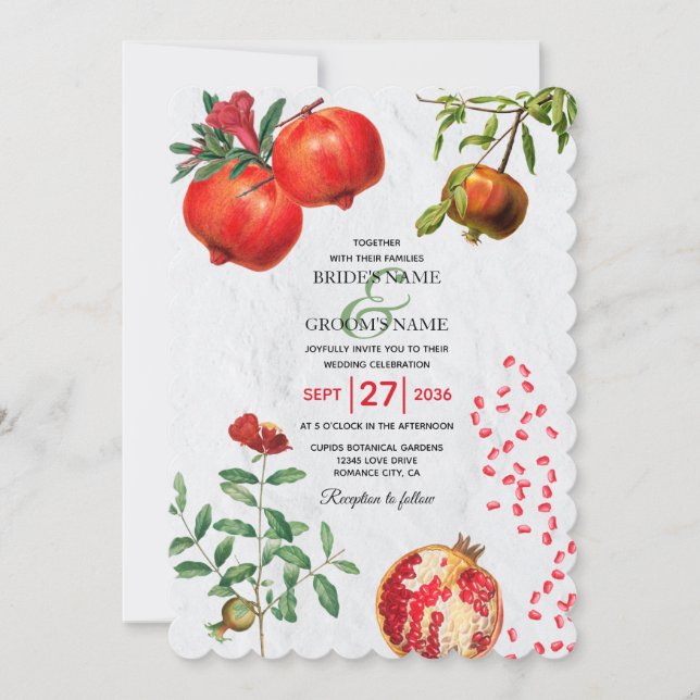 Red Pomegranate Botanical Mediterranean Wedding Invitation (Front)