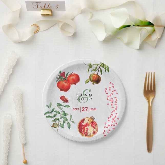 Red Pomegranate Botanical Mediterranean Wedding  Paper Plates (Wedding)