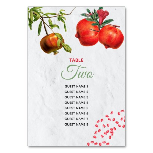 Red Pomegranate Botanical Mediterranean Wedding Table Number