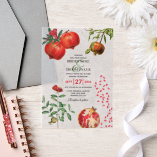 Red Pomegranate Botanical Mediterranean Wedding Vellum Invitations
