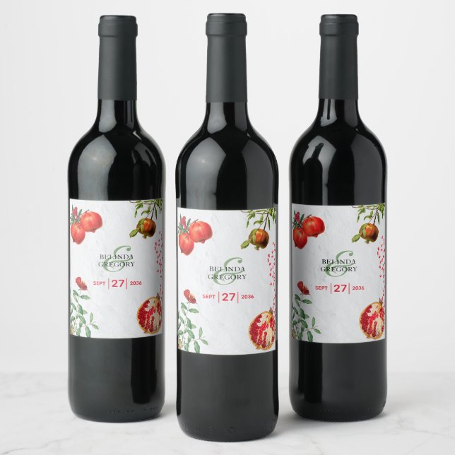 Red Pomegranate Botanical Mediterranean Wedding   Wine Label (Bottles)