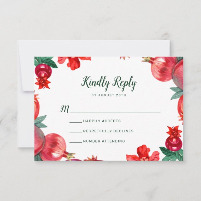 Red Pomegranate Botanical Wedding RSVP  (Front)