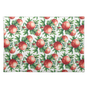 Red Pomegranate Fruits & Green Leaves Cloth Placemat