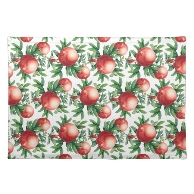 Red Pomegranate Fruits & Green Leaves Cloth Placemat (Front)