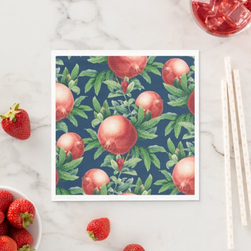 Red Pomegranate Fruits  Green Leaves Napkins