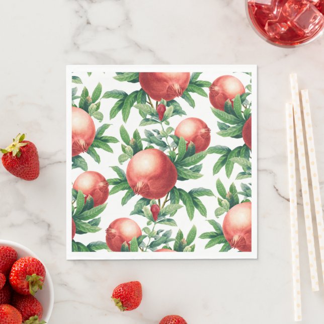 Red Pomegranate Fruits & Green Leaves Napkins (Insitu)