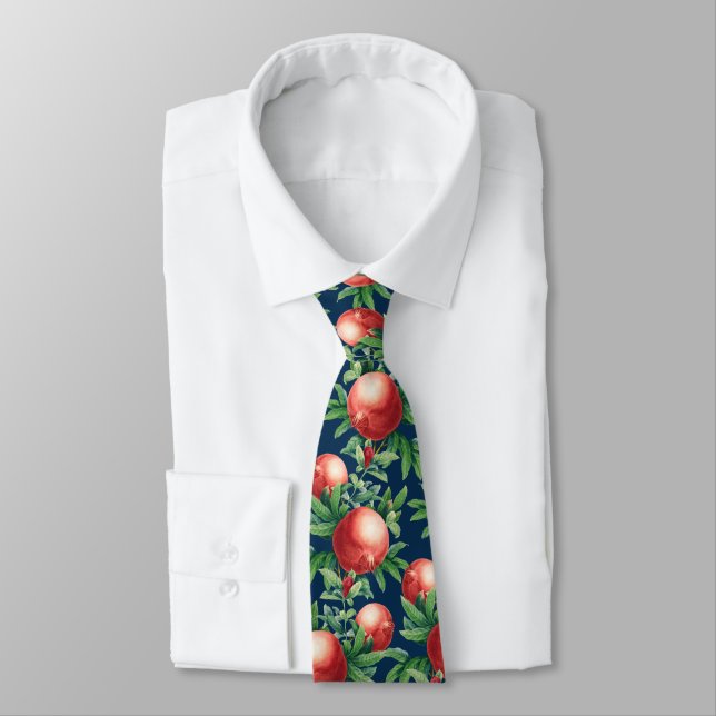 Red Pomegranate Fruits & Green Leaves Neck Tie (Tied)
