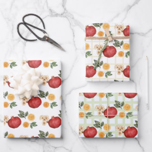 Red Pomegranates and Orange Slices Wrapping Paper Sheets
