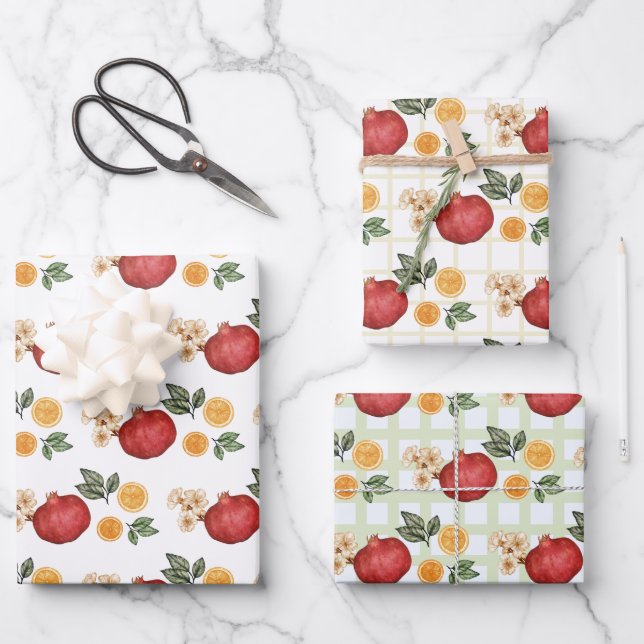 Red Pomegranates and Orange Slices  Wrapping Paper Sheets (Front)