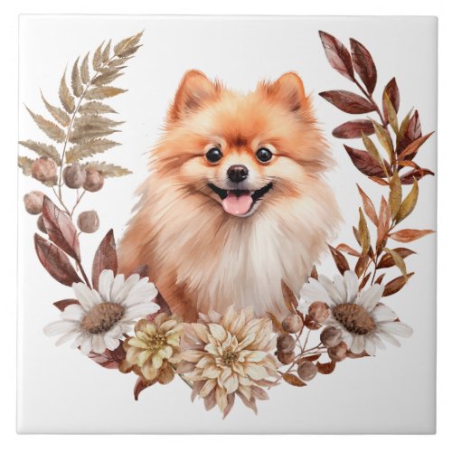 Red Pomeranian Dog Autumn Wreath Ceramic Tile
