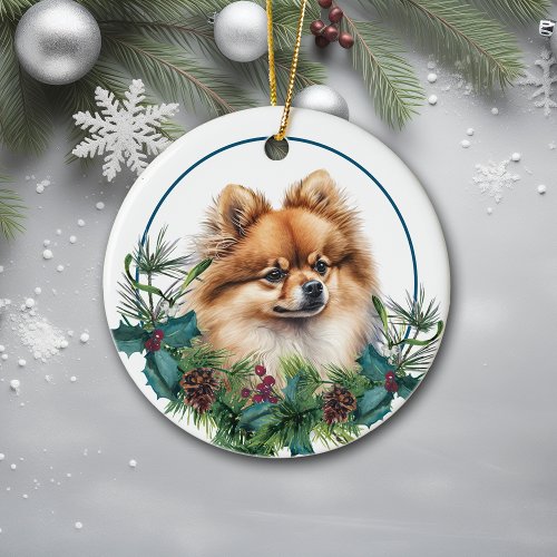 Red Pomeranian Dog Evergreen Berry Wreath Ceramic Ornament