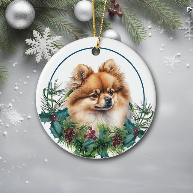 Red Pomeranian Dog Evergreen Berry Wreath Ceramic Ornament (Creator Uploaded)
