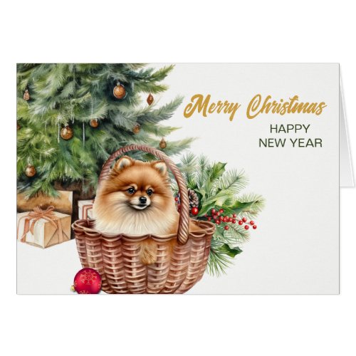 Red Pomeranian Dog Wicker Basket Christmas Card