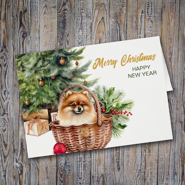 Red Pomeranian Dog Wicker Basket Christmas Card (Creator Uploaded)