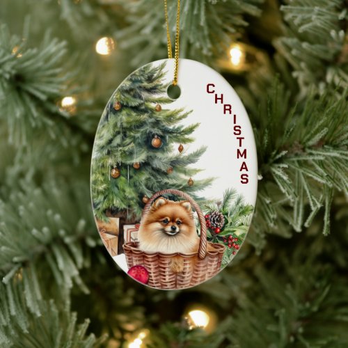 Red Pomeranian Dog Wicker Basket Christmas Ceramic Ornament