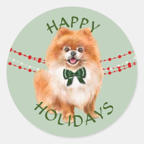 Red Pomeranian Green Bow Happy Holidays Classic Round Sticker