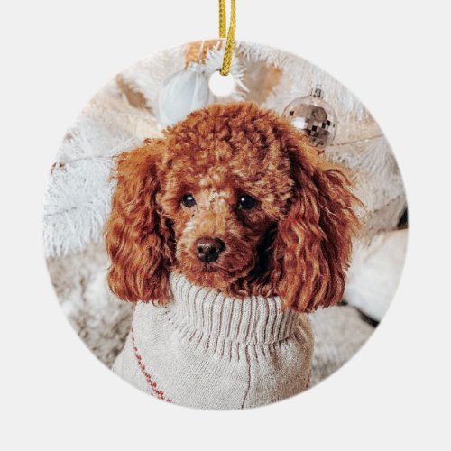 Red Poodle in a sweater under a Christmas Tree Ceramic Ornament