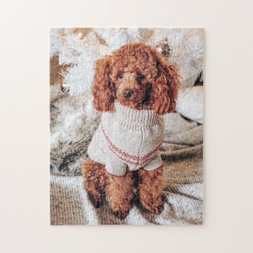 Red Poodle in a sweater under a Christmas Tree Jigsaw Puzzle