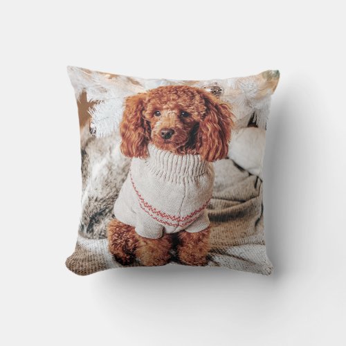 Red Poodle in a sweater under a Christmas Tree Throw Pillow