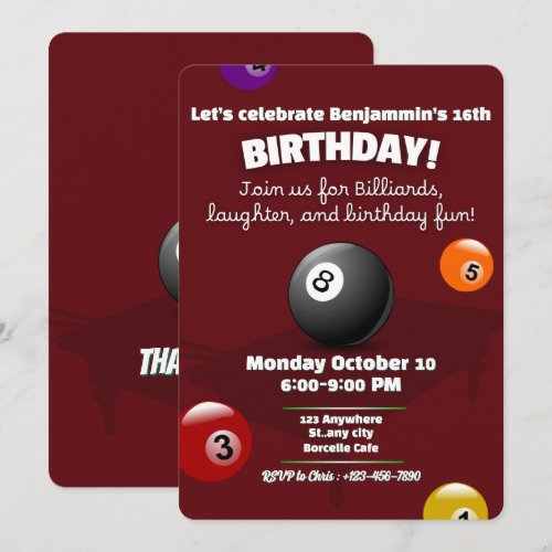 Red Pool Table Billiards Snooker Birthday Party