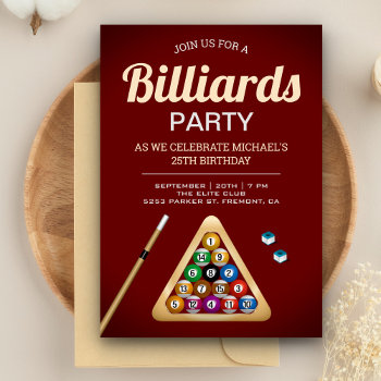 Red Pool Table Billiards Snooker Birthday Party Invitation by ShabzDesigns at Zazzle