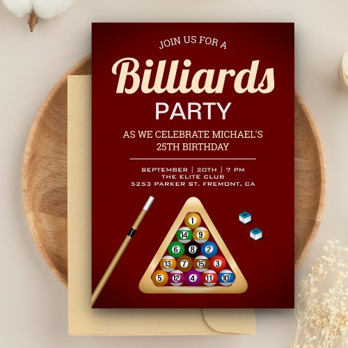 Red Pool Table Billiards Snooker Birthday Party Invitation