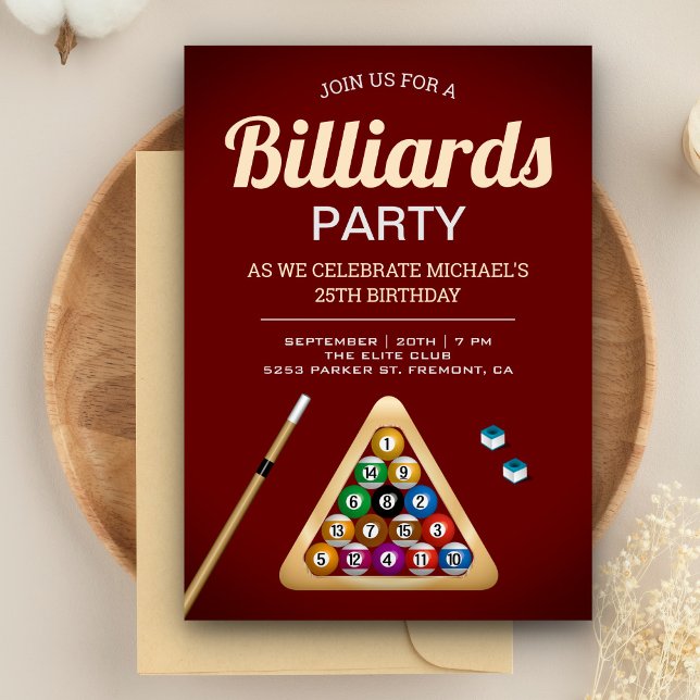 Red Pool Table Billiards Snooker Birthday Party Invitation (Creator Uploaded)