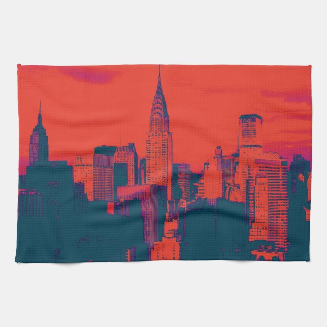 Red Pop Art New York City Night Kitchen Towel (Horizontal)