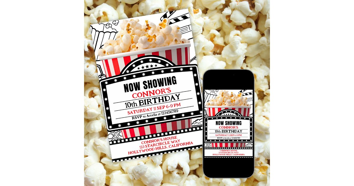 Red Popcorn Movie Night Party Invitation | Zazzle