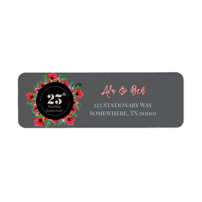 Red Poppies 25th Wedding Anniversary Address Label (Front)