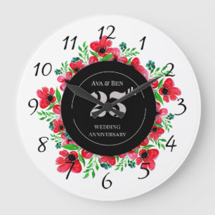 Red Poppies 25th Wedding Anniversary Large Clock