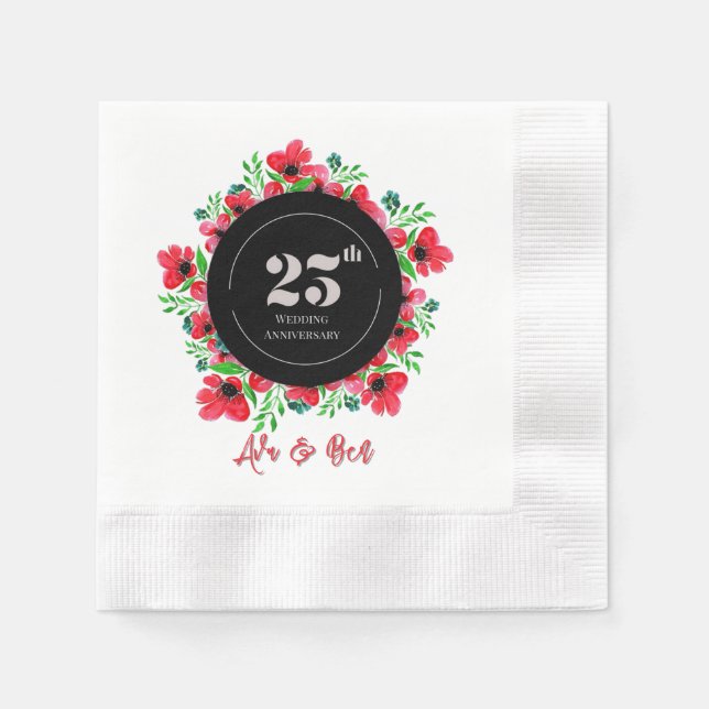 Red Poppies 25th Wedding Anniversary  Napkins (Front)