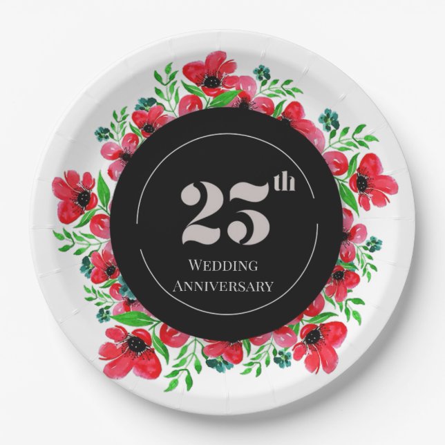 Red Poppies 25th Wedding Anniversary  Paper Plates (Front)