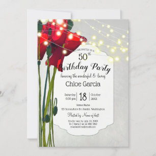 Red Poppies 50th Birthday Party Gray Invitation