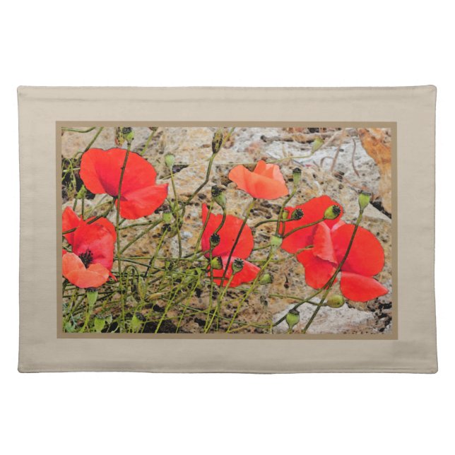 RED POPPIES AGAINST GRAY STONE Cloth Placemat (Front)