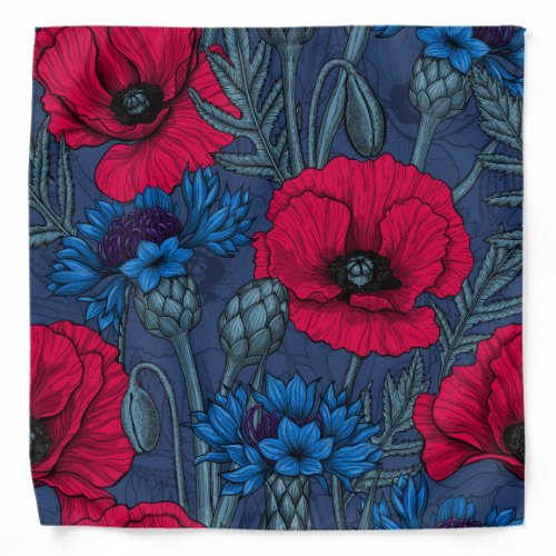 Red poppies and blue cornflowers on blue bandana