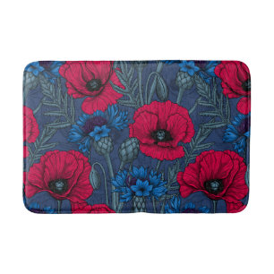 Red poppies and blue cornflowers on blue bath mat
