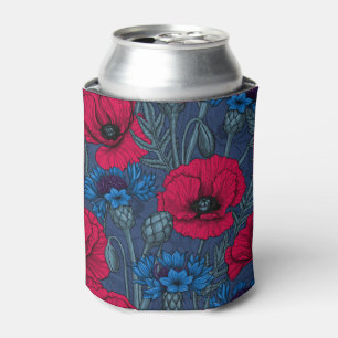 Red poppies and blue cornflowers on blue can cooler