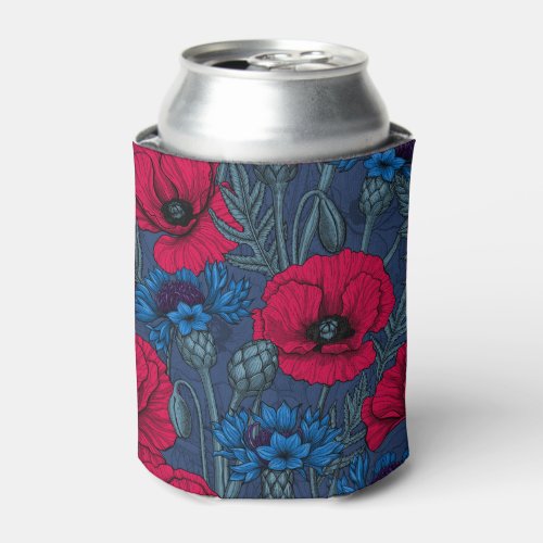 Red poppies and blue cornflowers on blue can cooler