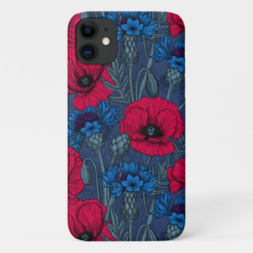Red poppies and blue cornflowers on blue iPhone 11 case